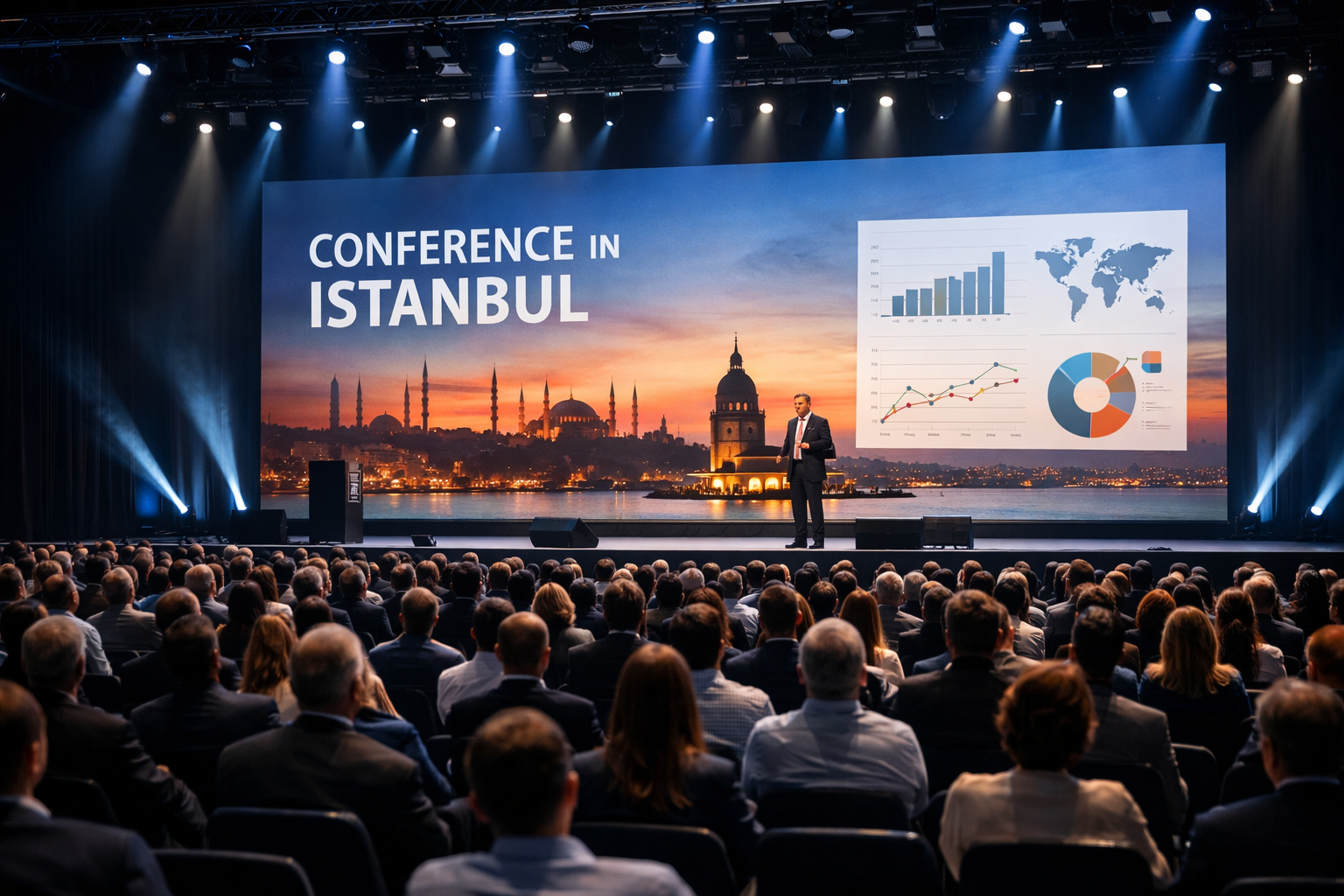 Konferans salonunda sahne ışığı altında konuşmacı